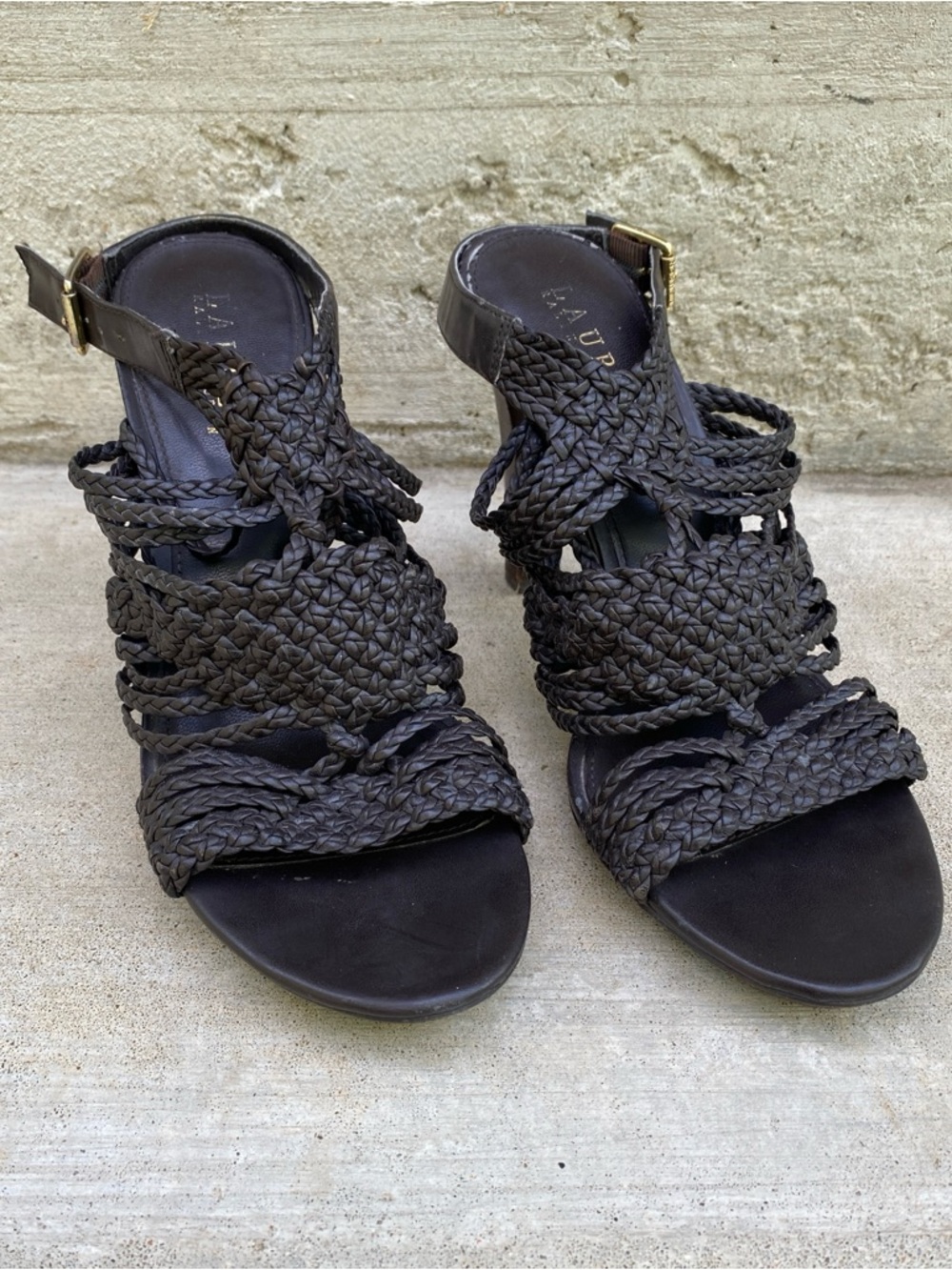 Lauren Ralph Lauren Holleen Dark Brown Braided Leather Heels 7.5